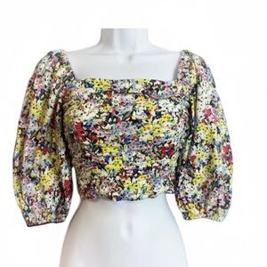 Dizzy Gal Floral Puff Sleeve Cropped Top - Multicolor